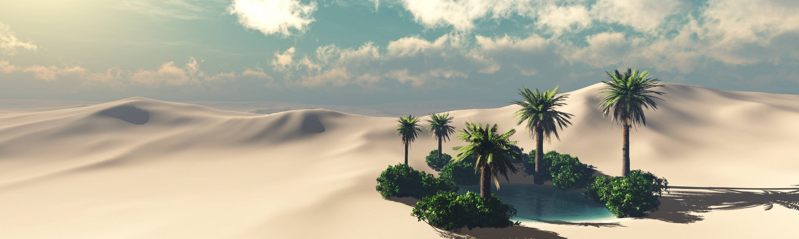 Oasis,At,Sunset,In,A,Sandy,Desert,,A,Panorama,Of
